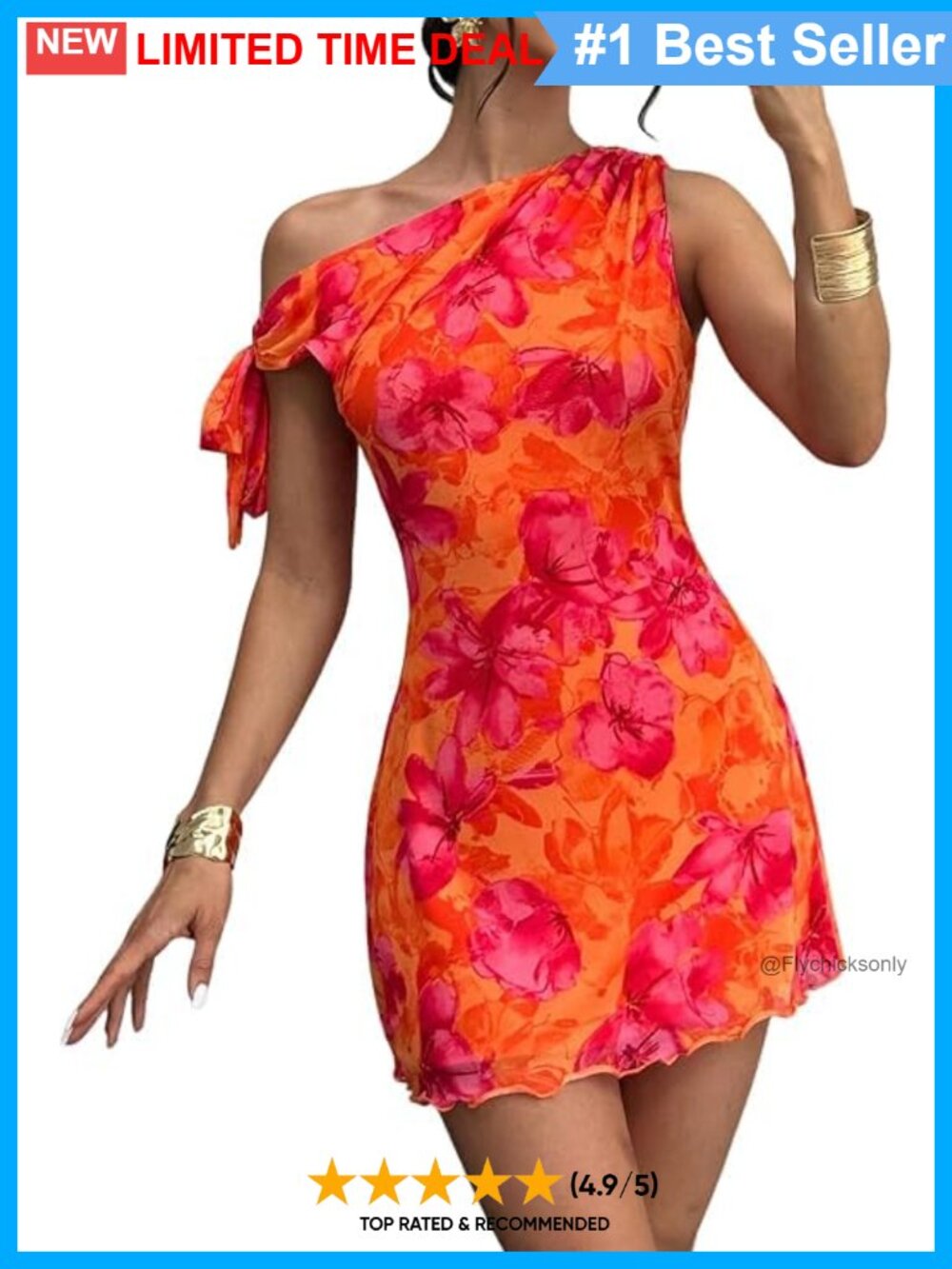 Womens Floral One Shoulder Mini Dress Asymmetrical Bodycon Party Wedding Guest